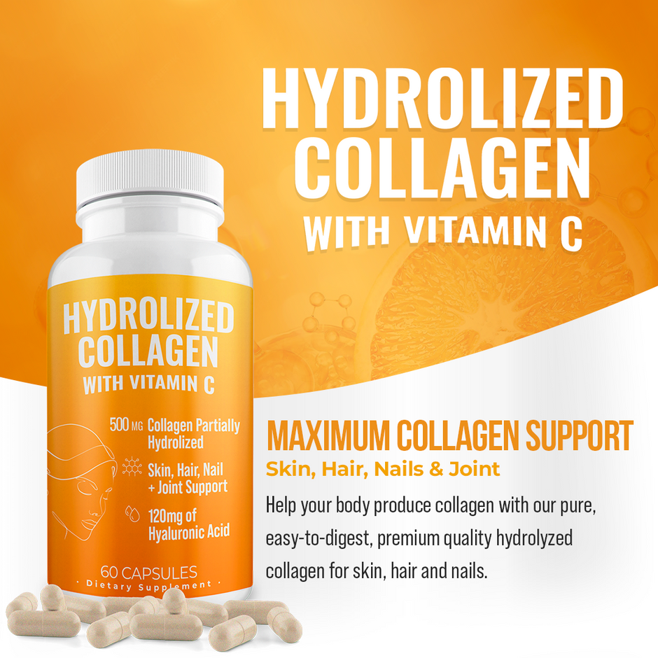 Hydrolyzed Collagen + Vitamin C Capsules | Skin, Hair & Joint Support