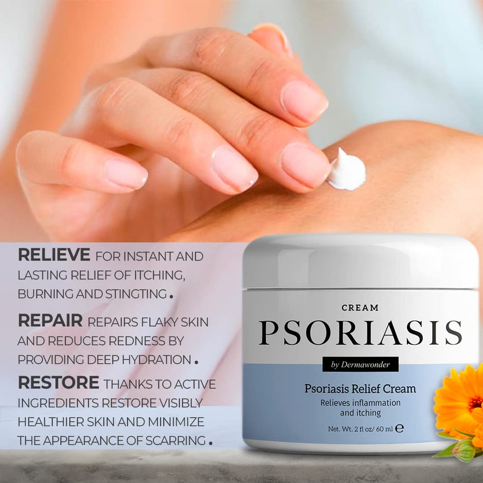 DermaWonder Psoriasis Cream benefits: intensive skin moisturizing, soothing dryness, reducing irritation and supporting healthier-looking skin by Aura Vitamins