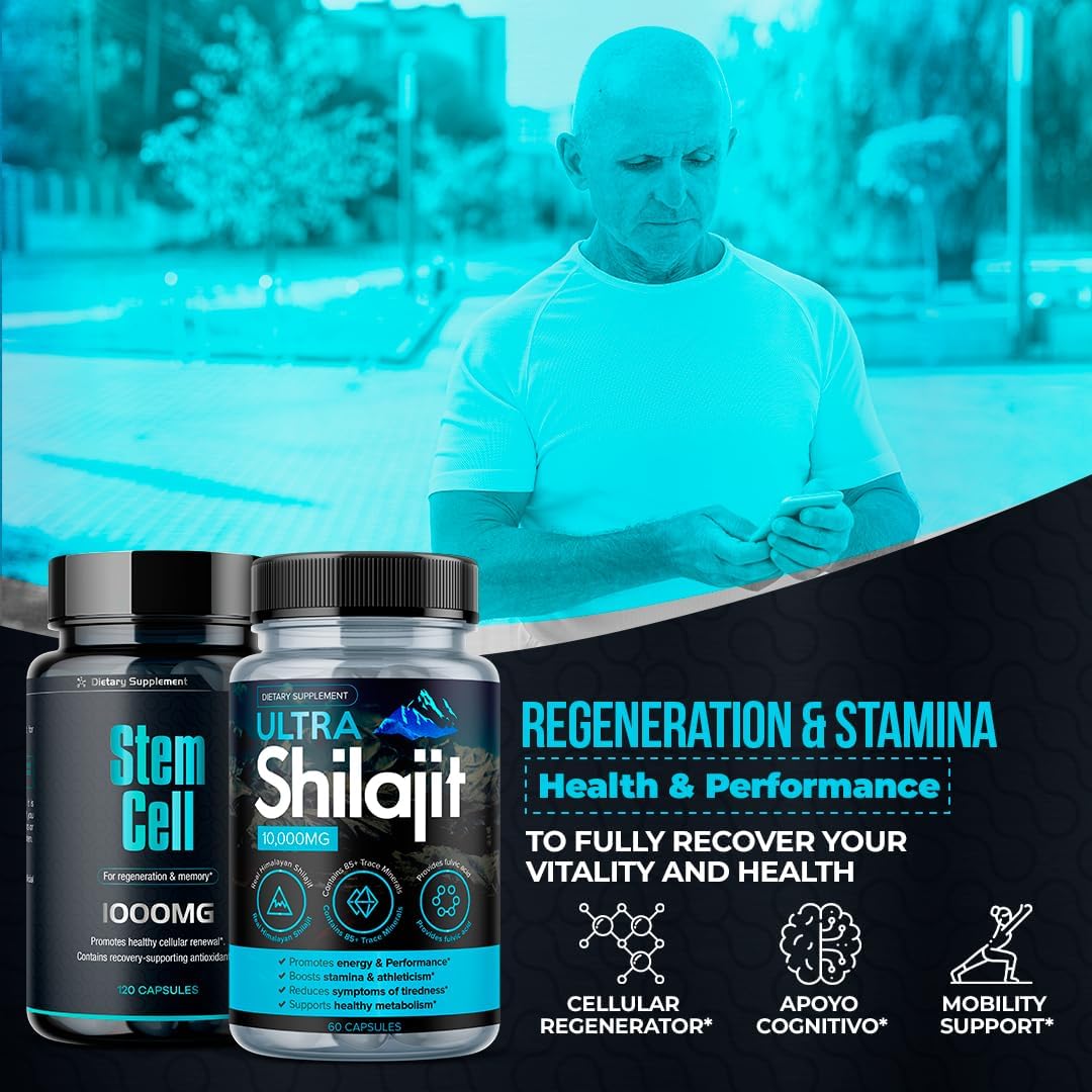 Premium Stem Cell 1,000mg(120Ct) & Shilajit Supplement 10,000mg(60Ct) | Vitality Booster Pack