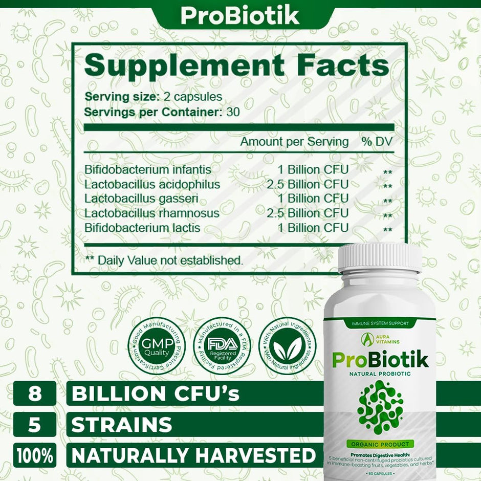 Probiotik Supplement Facts & 10-Strain Probiotic Ingredients Label | Aura Vitamins
