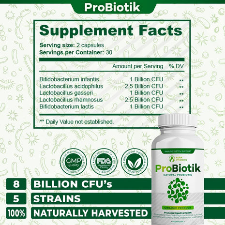 Probiotik Supplement Facts & 10-Strain Probiotic Ingredients Label | Aura Vitamins