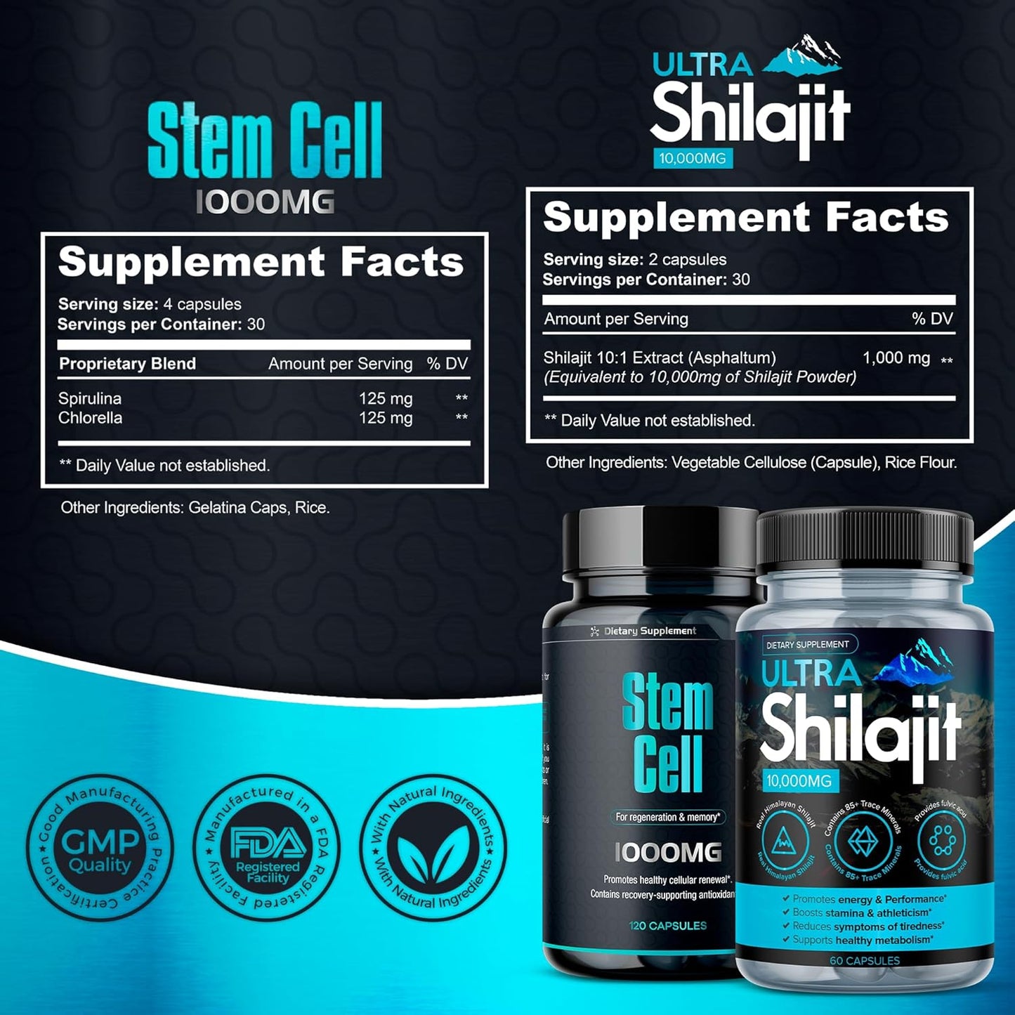 Premium Stem Cell 1,000mg(120Ct) & Shilajit Supplement 10,000mg(60Ct) | Vitality Booster Pack