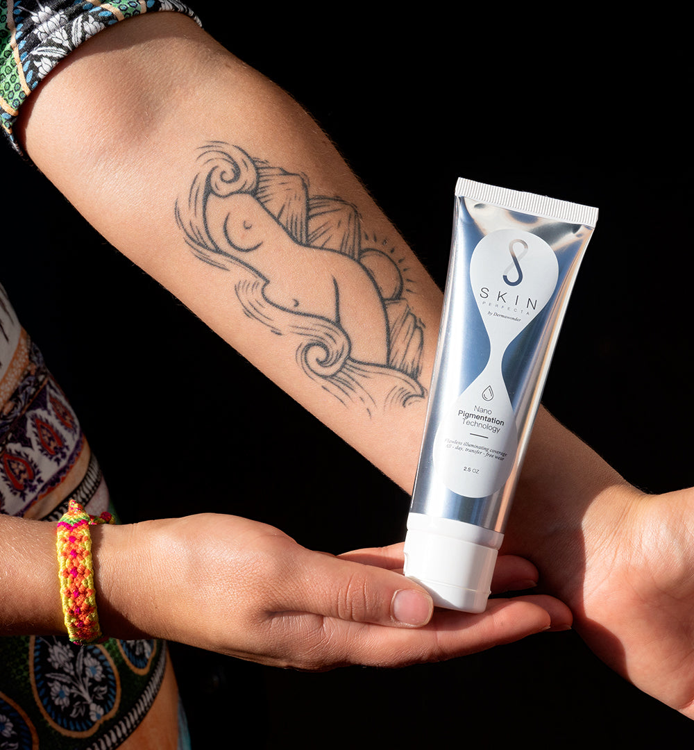 Skin Perfecta Instant Body Concealer covering tattoos and imperfections for flawless-looking skin with smooth, even tone finish by Aura Vitamins