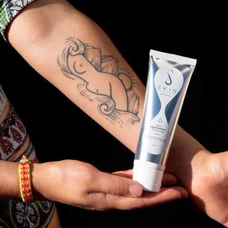 Skin Perfecta Instant Body Concealer covering tattoos and imperfections for flawless-looking skin with smooth, even tone finish by Aura Vitamins