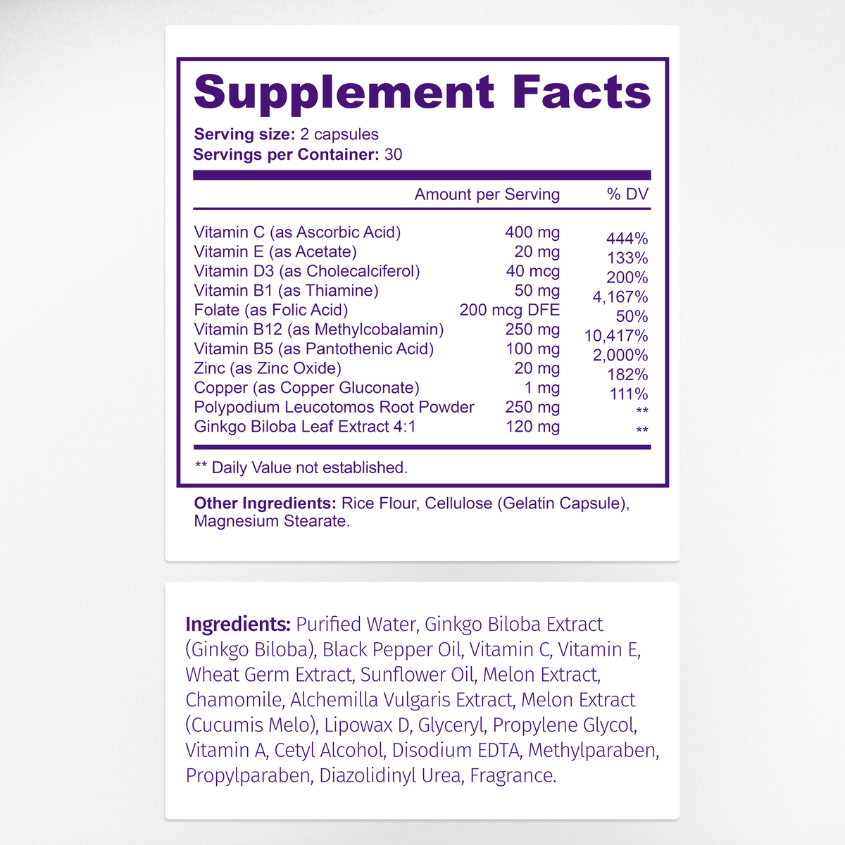 Vitiligo Supplement Facts & Ingredients Label | Melanin & Skin Health Support