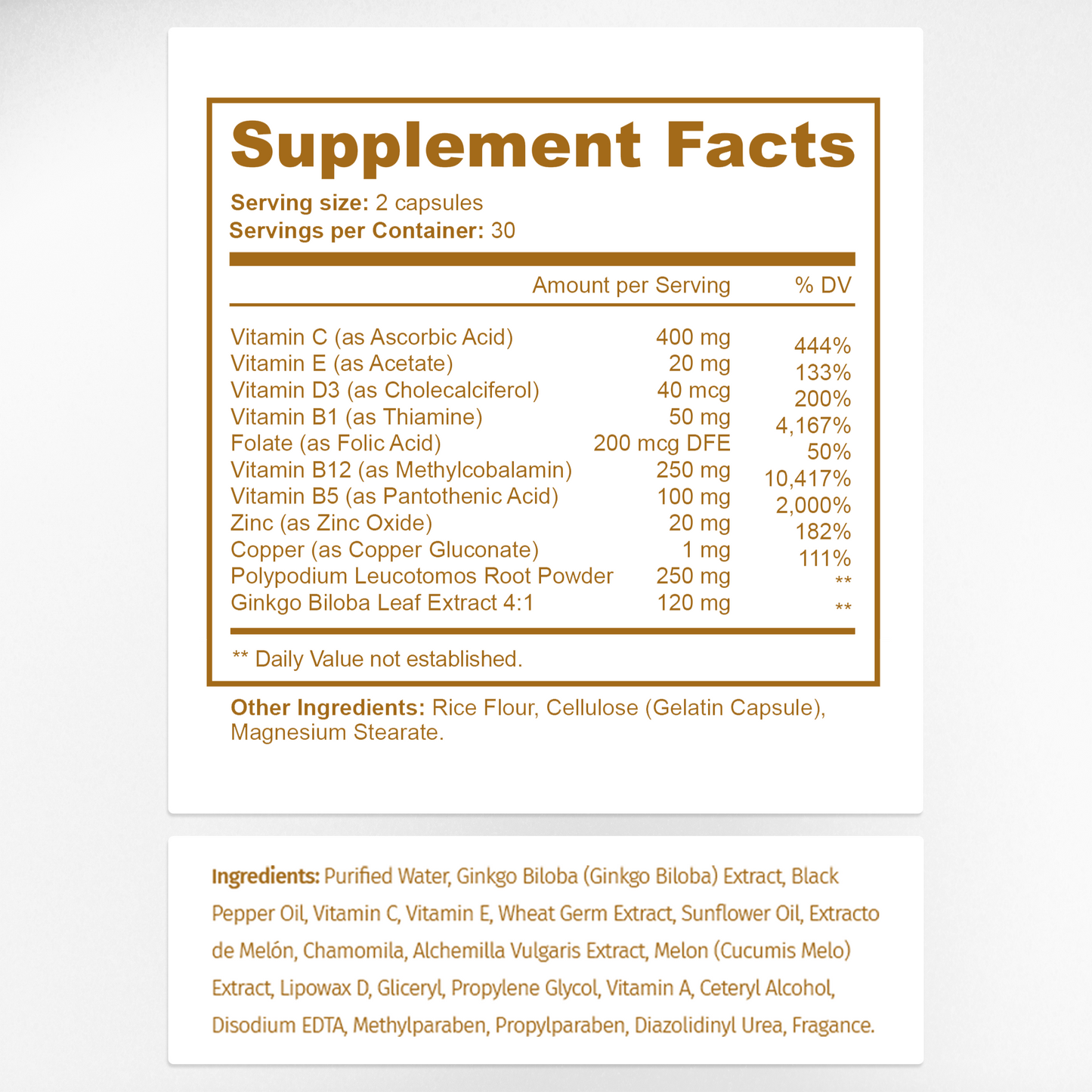 Vitiligo Bundle Supplement Facts & Skin Pigmentation Ingredients Label | Aura Vitamins