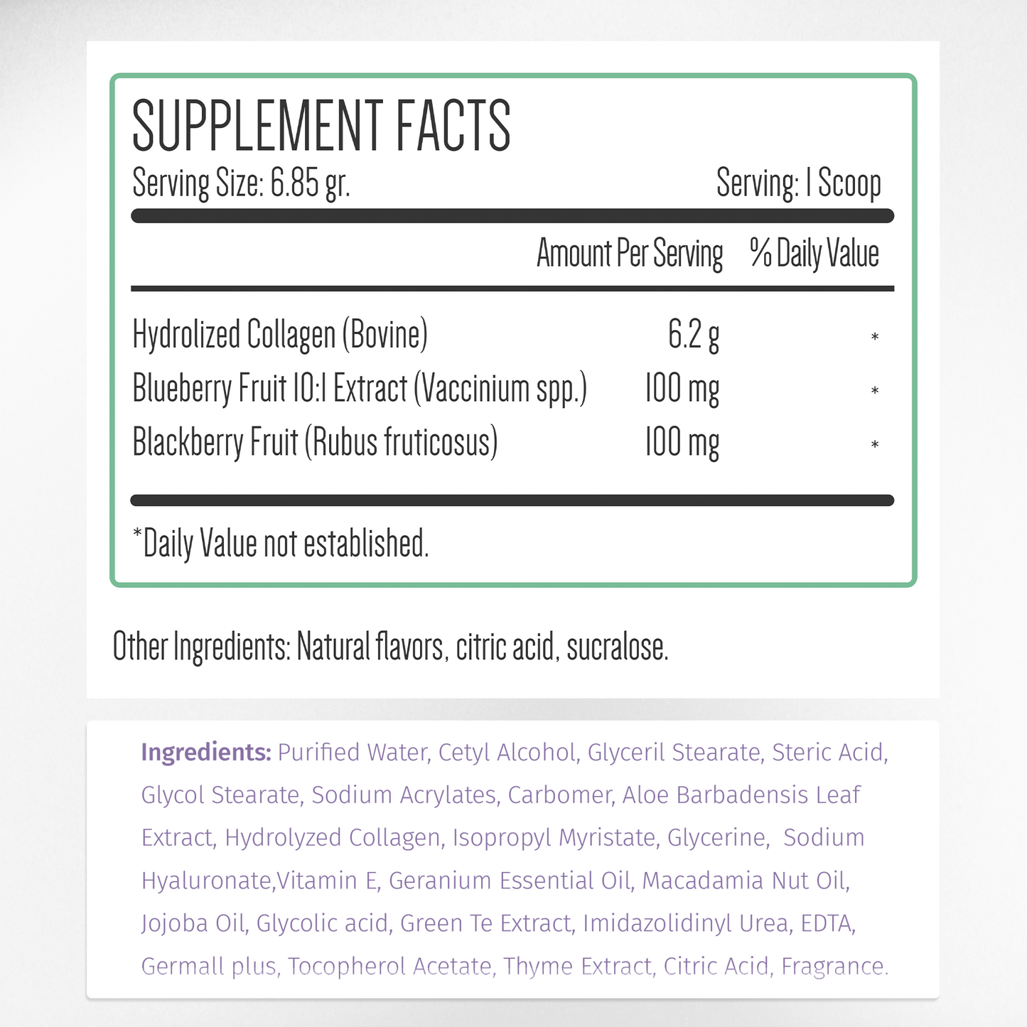 Berry Collagen Bundle Supplement Facts & Collagen Ingredients Label | Aura Vitamins