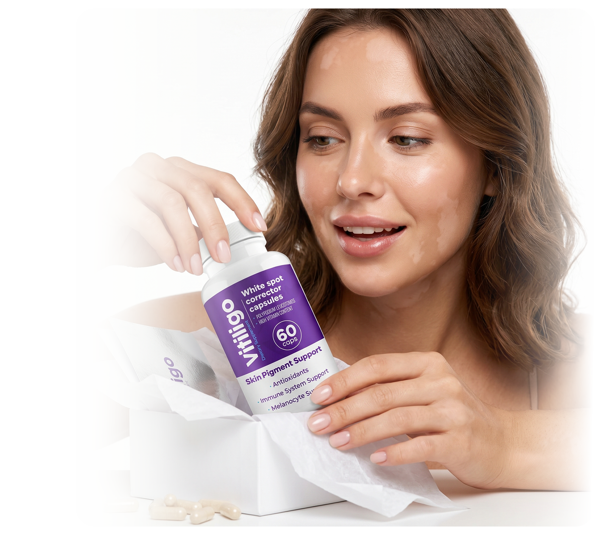 Woman unboxing Vitiligo Capsules, repigmenting capsules for white patches on the skin