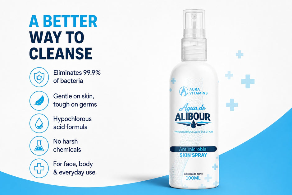 Antimicrobial Skin Spray Ingredients & Hypochlorous Acid Formula Label | Aura Vitamins