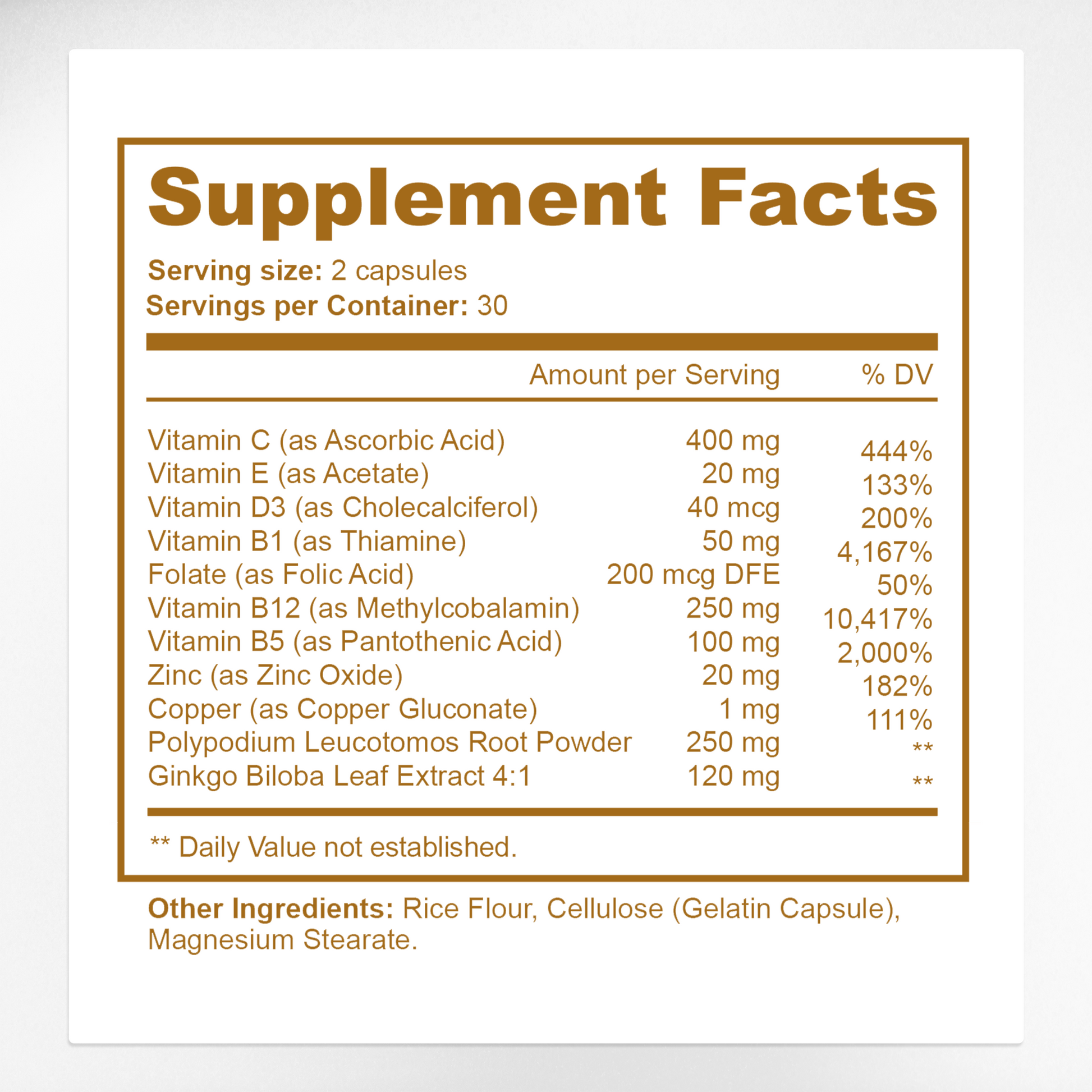 Vitiligo Capsules Supplement Facts & Melanin Support Ingredients Label | Aura Vitamins