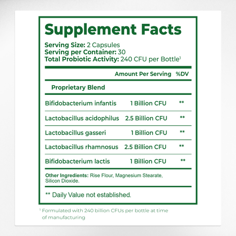 Bacticure Supplement Facts & 240B CFU Probiotic Strains Ingredients Label | Aura Vitamins