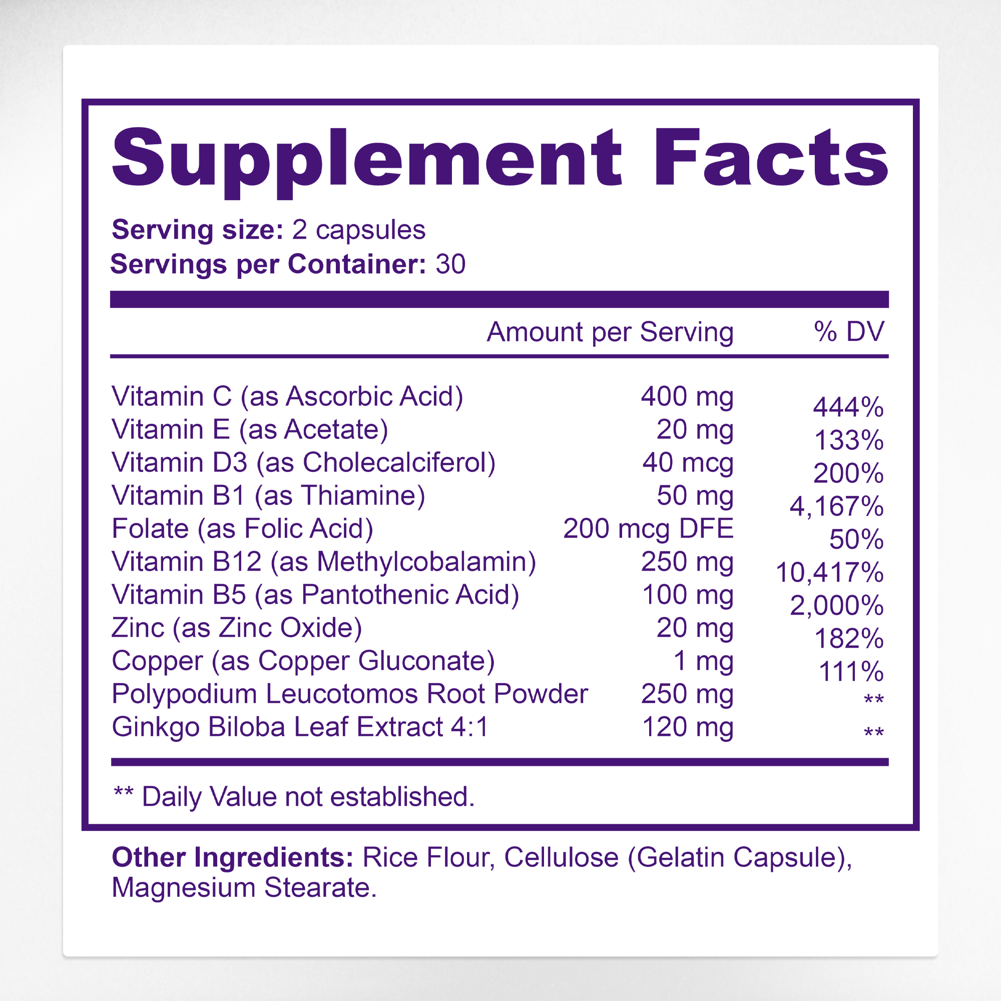Vitiligo Capsules Supplement Facts & Skin Pigment Ingredients Label | Aura Vitamins