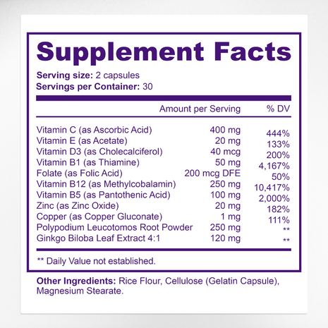 Vitiligo Capsules Supplement Facts & Skin Pigment Ingredients Label | Aura Vitamins