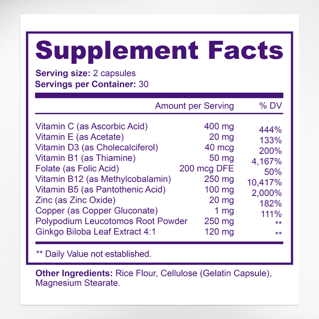 Vitiligo Capsules Supplement Facts & Skin Pigment Ingredients Label | Aura Vitamins