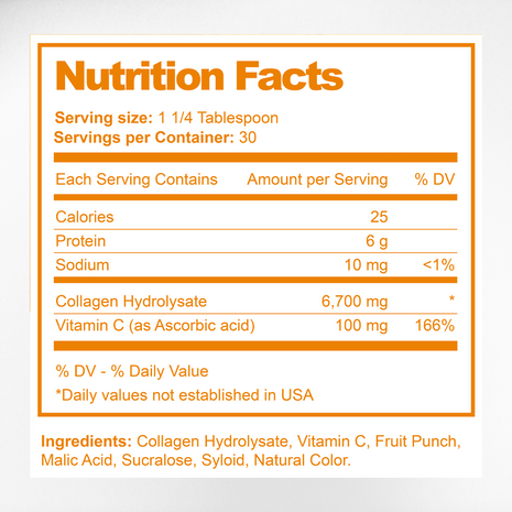 Orange Collagen Powder Supplement Facts & Vitamin C Ingredients Label | Aura Vitamins