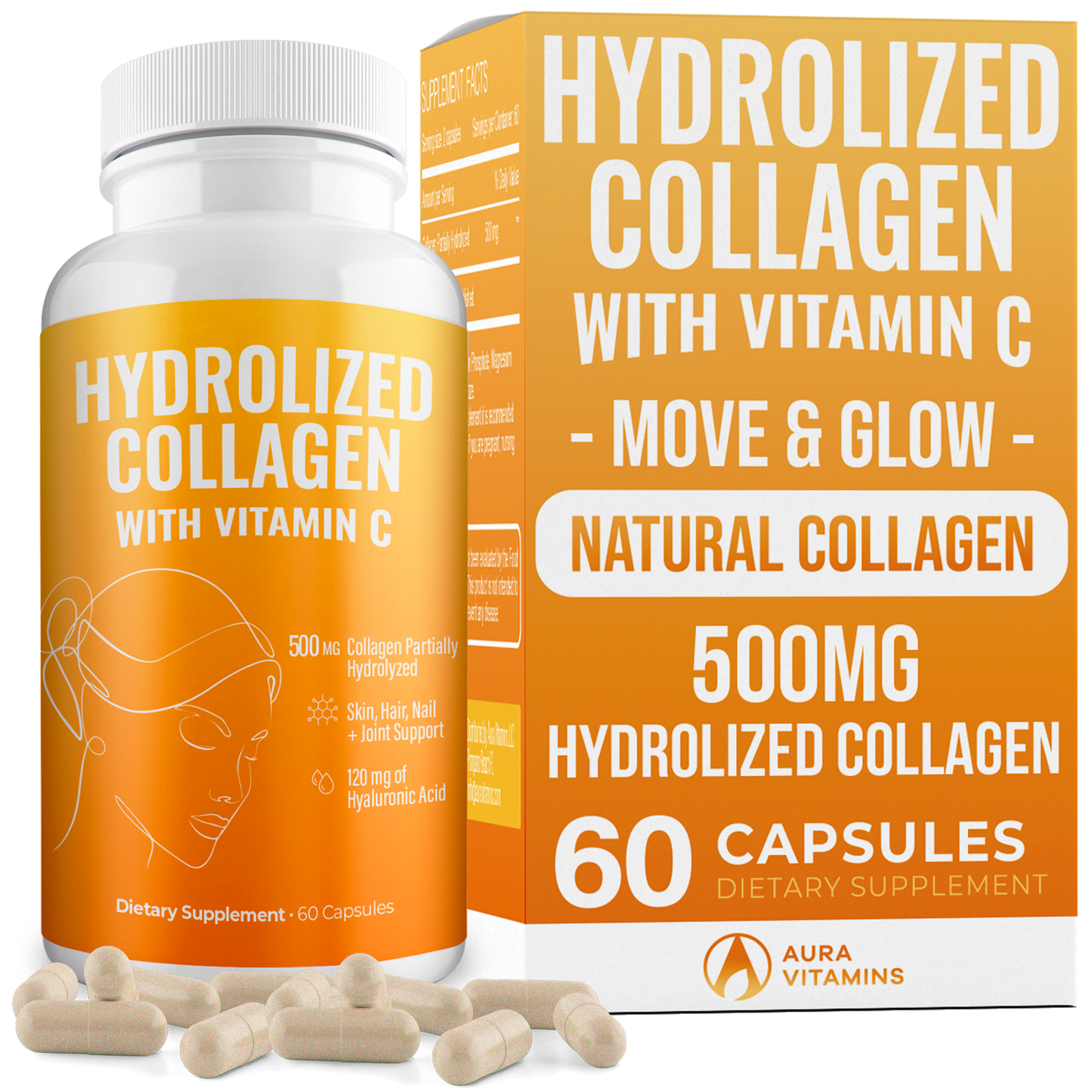 Hydrolyzed Collagen + Vitamin C Capsules for Skin, Hair & Joint Support | Aura Vitamins