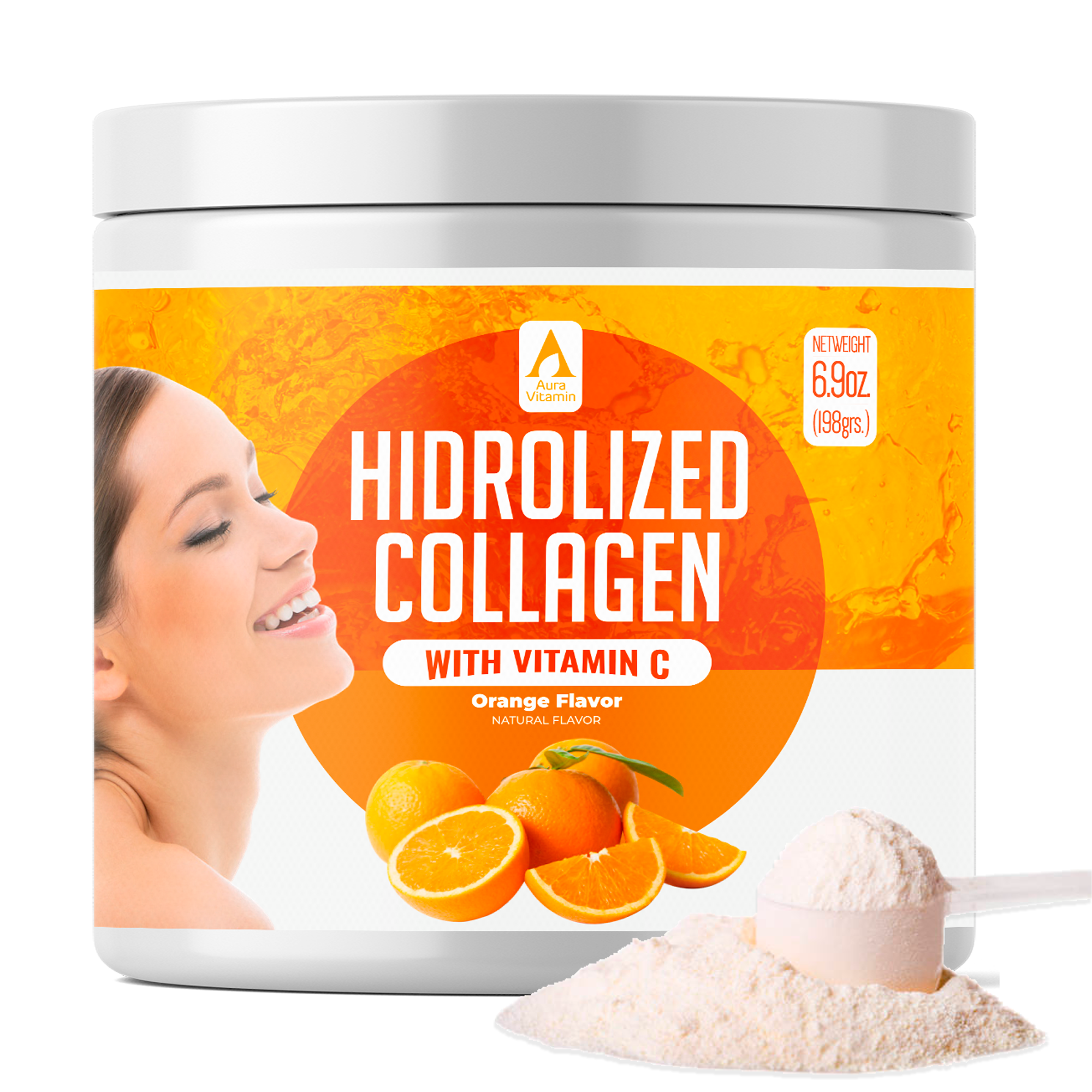 Orange Hydrolyzed Collagen Powder + Vitamin C for Skin, Hair & Joint Support | Aura Vitamins